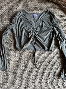 Olive Green Ribbed Drawstring Long Sleeve Top